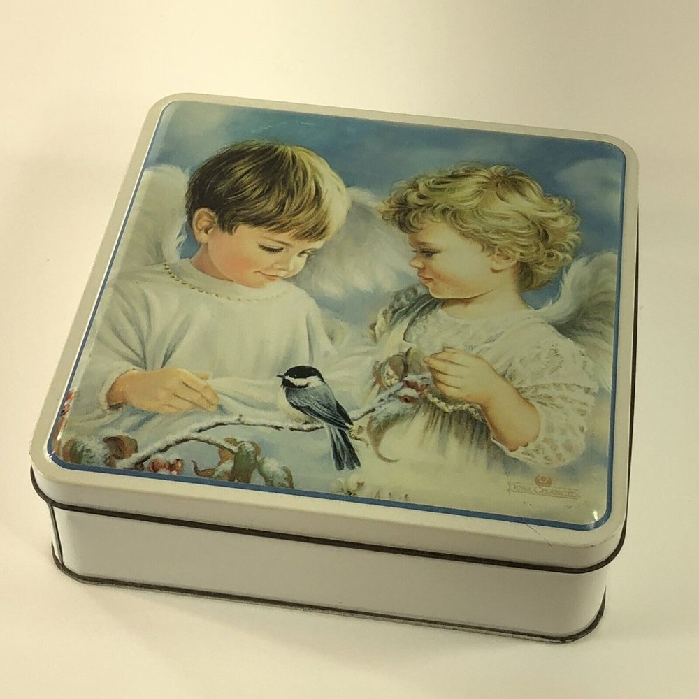 vintage square collector tin two Child angels caring for a bird dona gelsinger